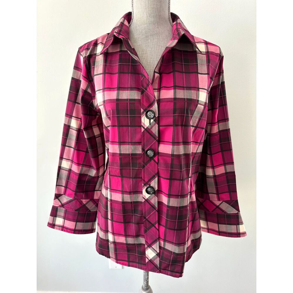 Pendleton Button Down Plaid Blouse size 14 Magenta Pink White Black 3/4 Sleeve